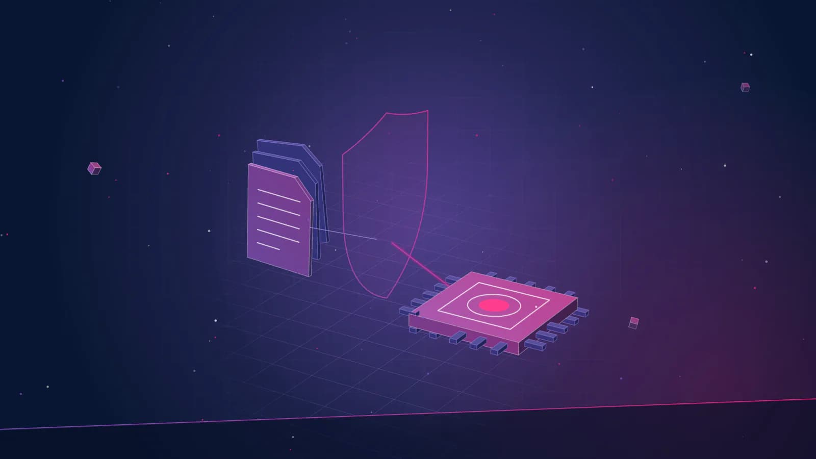 Il·lustració isomètrica d'uns documents, un contorn d'escut translúcid i un xip electrònic amb un nucli rosa lluminós