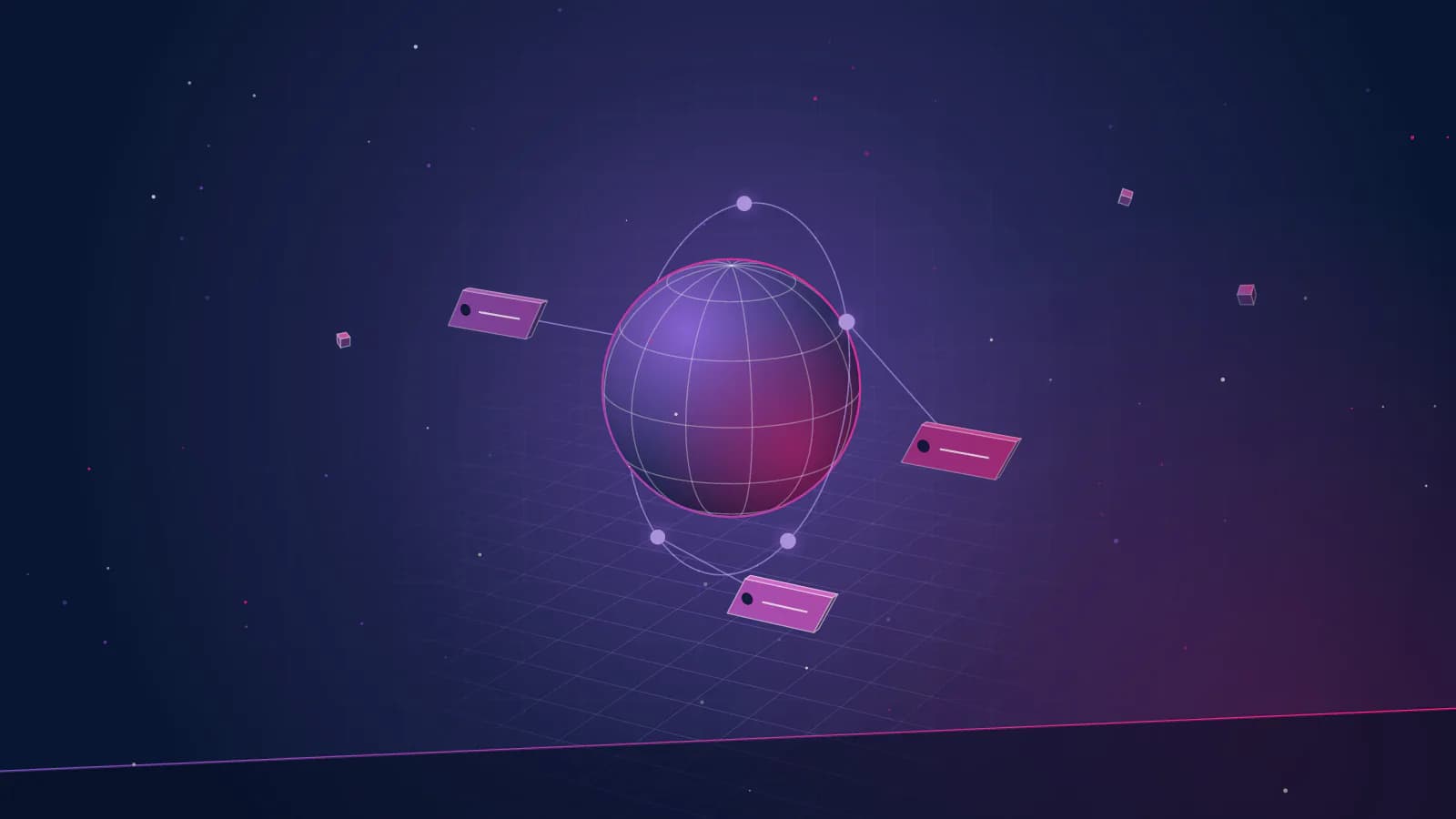 Il·lustració isomètrica d'un globus terraqüi porpra amb tres etiquetes rectangulars connectades al seu voltant, sobre fons blau fosc