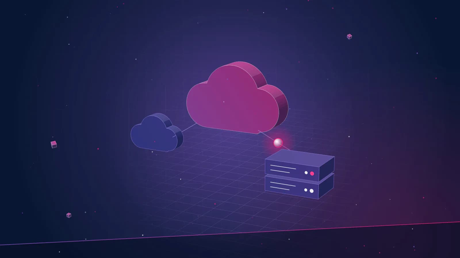 Il·lustració isomètrica d'un gran núvol magenta i un núvol blau petit connectats a un servidor de dos mòduls amb un punt lluminós