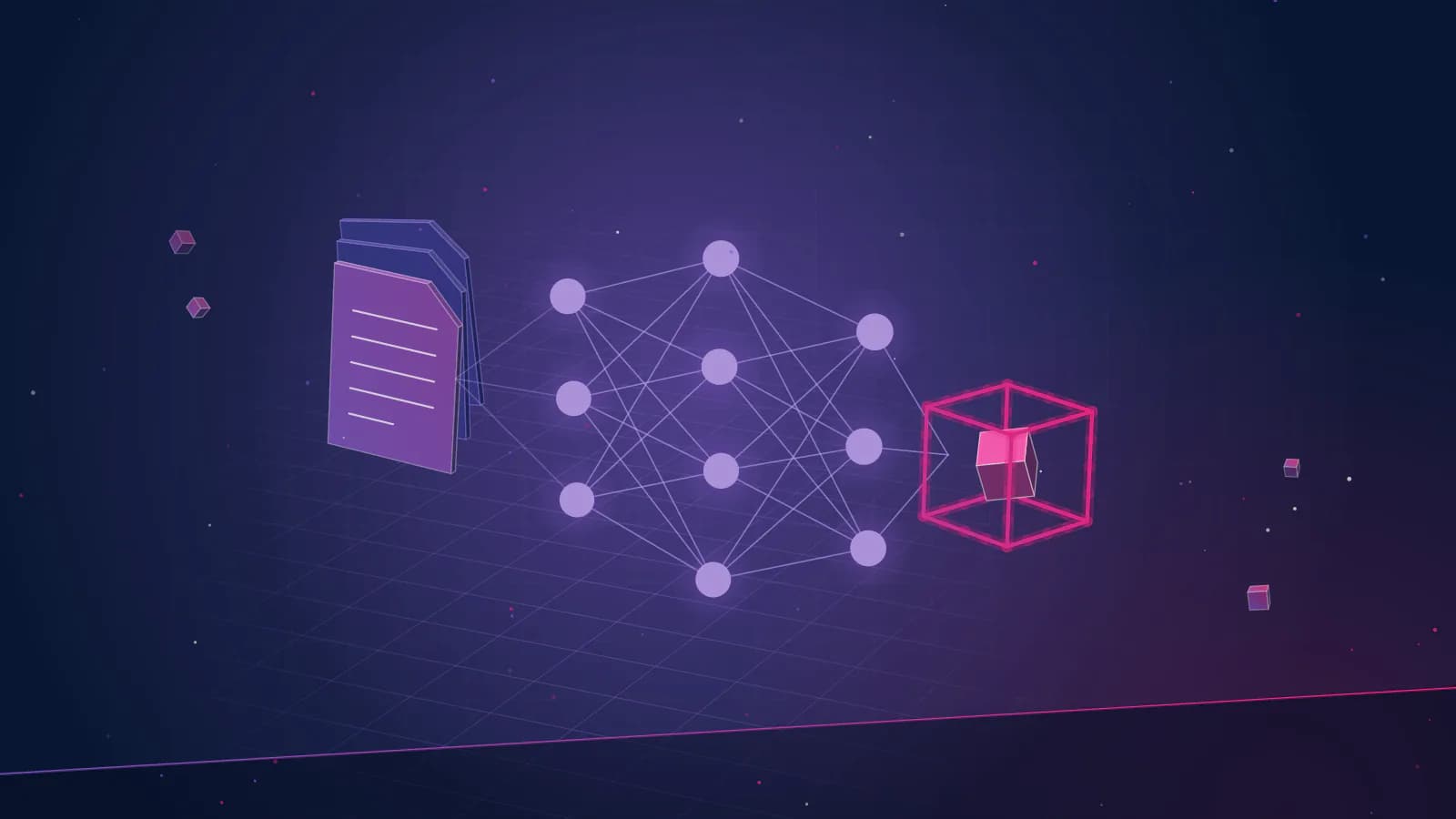 Il·lustració isomètrica d'uns documents, una xarxa de nodes connectats i un cub rosa de filferro, disposats d'esquerra a dreta